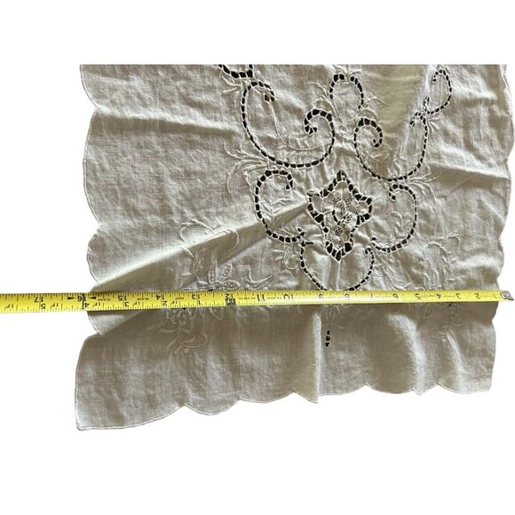 Vintage White Rectangular Linen Embroidered Table Runner with Scalloped Edges - Picture 3 of 4
